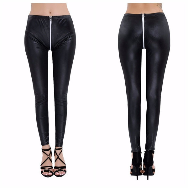 Women Faux Leather Zippered Open Crotch Ankle Length Stretchy Leggings ...