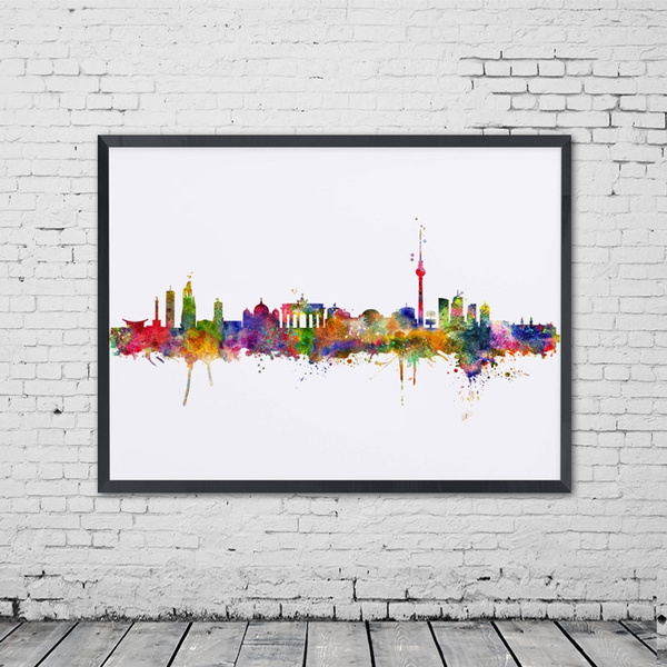 Watercolor Berlin City Poster Skyline Decor Wall Art Germany Hanging Painting Print Office Unique Present Wish - City Wall Art Prints