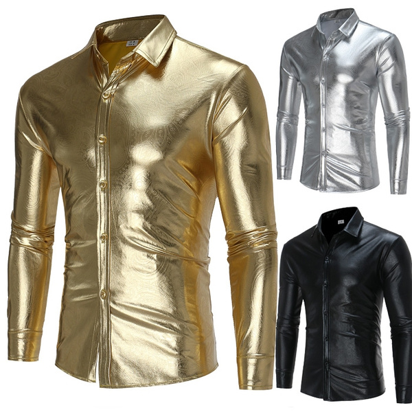 Dress Shirts for Men Nightclubs Light Shirt Men's Party Gold Sequin ...