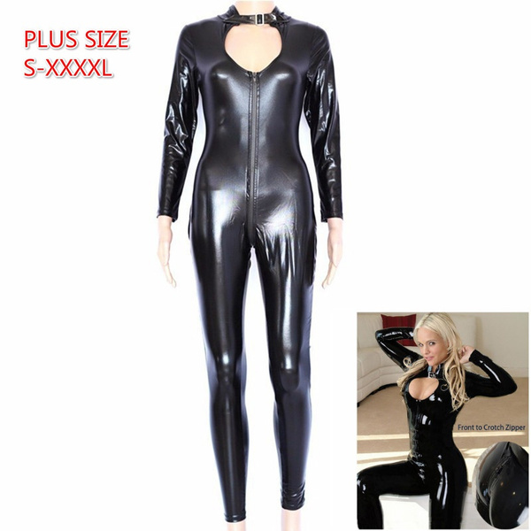 Plus Size Black Faux Leather Sexy Catsuit Fetish Gothic Costumes
