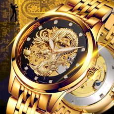 3D Carving Dragon Gold Skeleton Watch Luxury Diamond Automatic Movement Watches Men Business Stainless Steel Wristwatch Men Clocks Gift Relojes Hombre Reloj De Oro