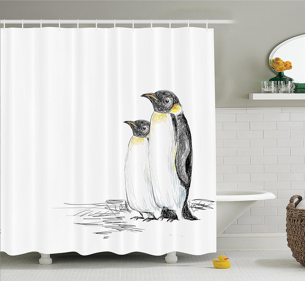 Black And White Shower Curtain Sea Animals Decor By Ambesonne Hand Drawn Style Art Penguins Aquatic Flightless Birds Polar South Pole Wildlife Fabric Bathroom Set With Hooks Wish Shower Curtain Sea Animals Decor, Wildlife Fabric For Curtains
