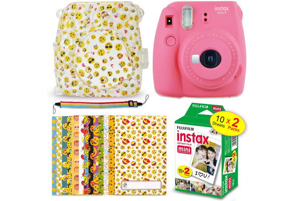 fujifilm instax mini 9 backpack Fuji Instax Mini 9 EMOJI Kit - Instant Camera FLAMINGO PINK + Mini 9 EMOJI  Hard Camera Case + FujiFilm Mini Film (20 Sheets) + 20 EMOJI Sticker Frames  + Rainbow Neck/Shoulder Strap