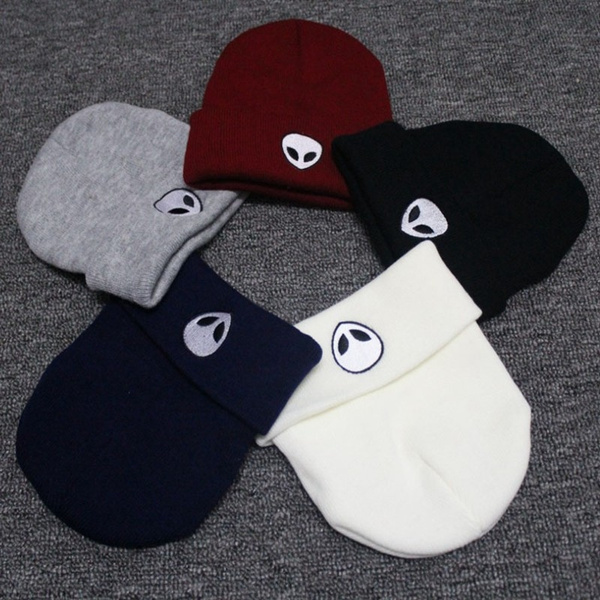 Autumn Winter Knitting Wool Knitted Solid Hats Europe Alien Embroidery Dome Skullies Beanies