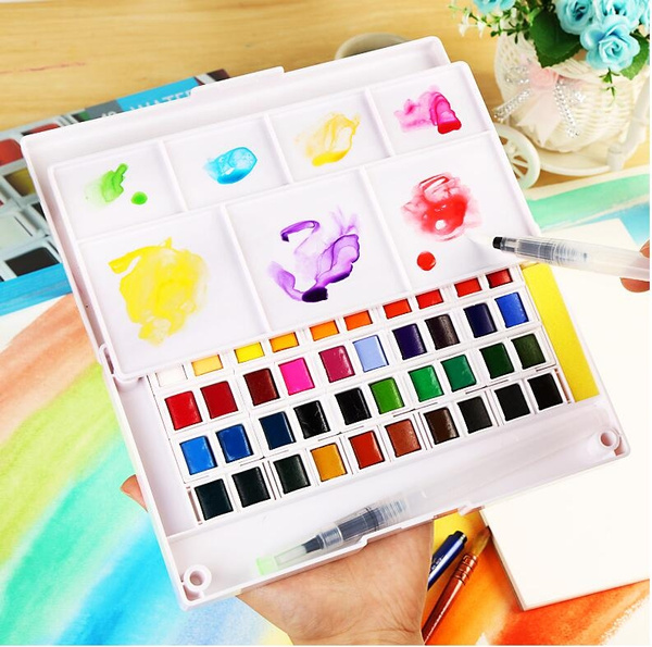 (18Colors) Superior Solid Watercolor Paint Set with Brus,h Pen, Portable Pigment Drawing Tool