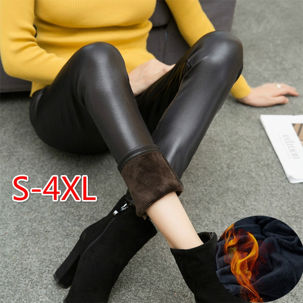 Womens Winter Warm Fleece Lined Thick Thermal Stretchy PV Leather Leggings Pants