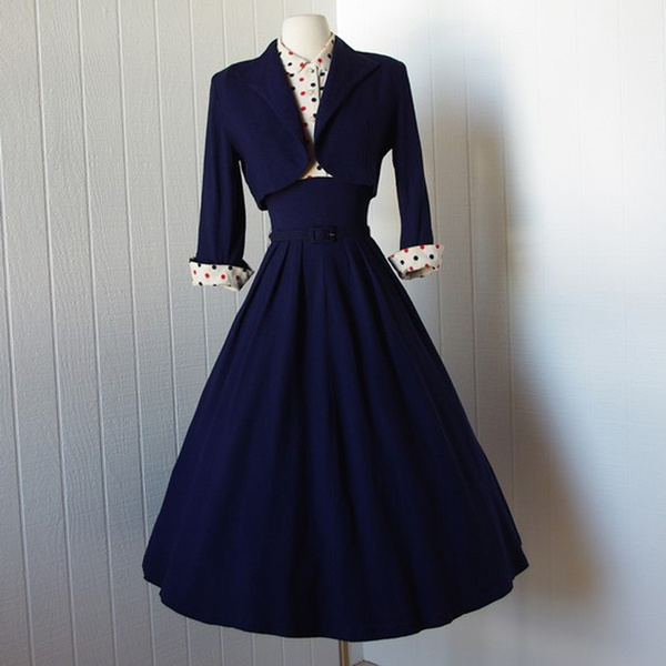 Women's Vintage 1940s Dress Navy Blue Full Skirt Pin up Dress with Polka  Dot Bodice and Bolero Jacket
