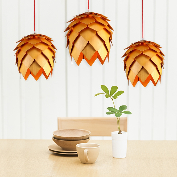 Nordic Style Pine Cone Shape Pendant Wood Haning Lamp Chandelier Dec Light 25cm 