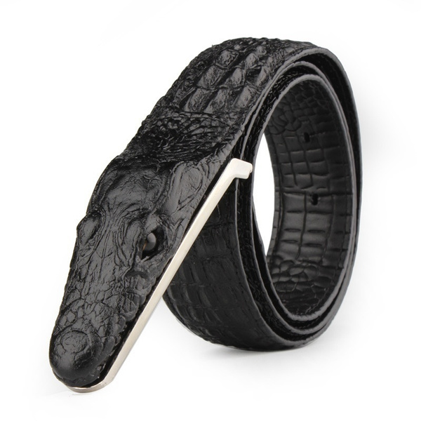 Classic leather belt with hatched effect golden H buckle - Alligator  (black, navy blue, blue)