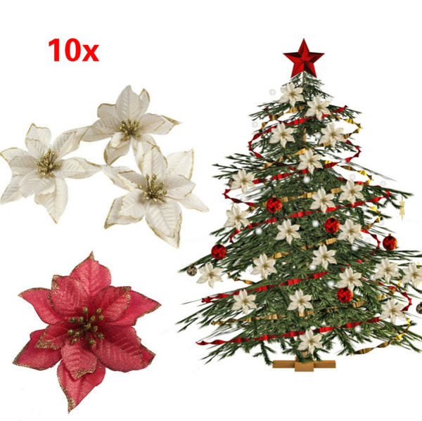10X Christmas Poinsettia Glitter Artificial Flowers Xmas Tree Party  Decoration