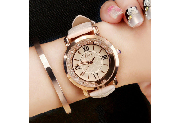 Women Fashion Luxury Leisure Set Auger Leather Aanlog Stainless Steel Quartz  Watch