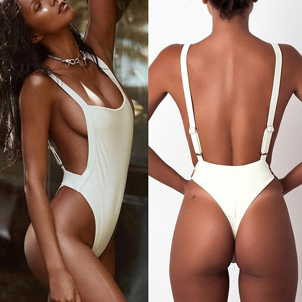 2017 New Fashion Sexy Soft High Elastic Tight fitting One Piece Body Swimsuit Pure Color Halter Tape Bikini Suit Beach Swim Trunks Trousers Suit