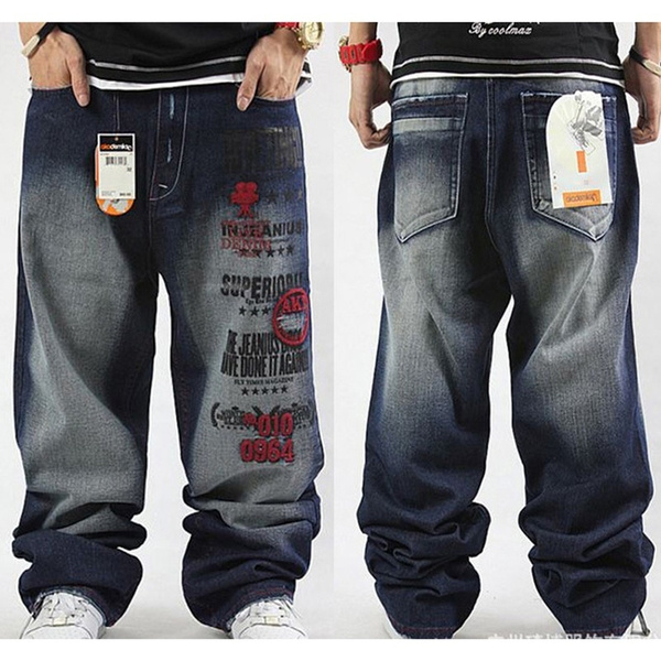 Plus Size Hip Hop Baggy Jeans Men Letter Print Hip Hop Dance Pants ...