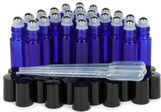 28pcs/lot, Amber - Cobalt Blue, 1ml 2ml 3ml 5ml 10 Ml Glass Roll-on Bottles with Stainless Steel Roller Balls + 3pcs Droppers + 1pcs Roller Bottle Opener -Refillable Aromatherapy Essential Oil Roll on Bottles