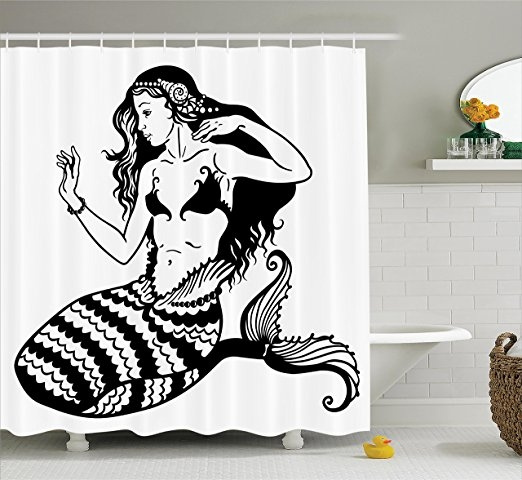 Mermaid Shower Curtain Black And White, Black Mermaid Shower Curtain