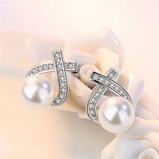 1 Pair Women's 925 Silver Classic Cross Inlaid Zircon Pearl Ear Stud Earrings Ladies Jewelry