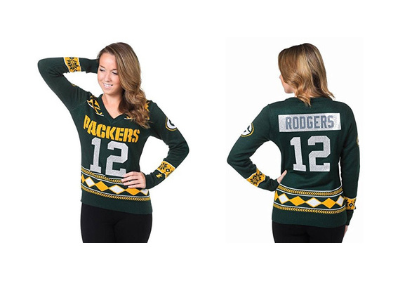 Green Bay Packers Aaron Rodgers #12 Glitter Player V-Neck Sweater