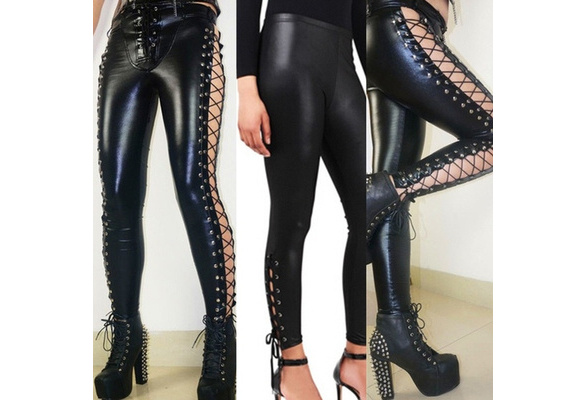 New Fashion Sexy Black Faux Leather PVC Lace Punk Gothic Clubwear Pants  Leggings