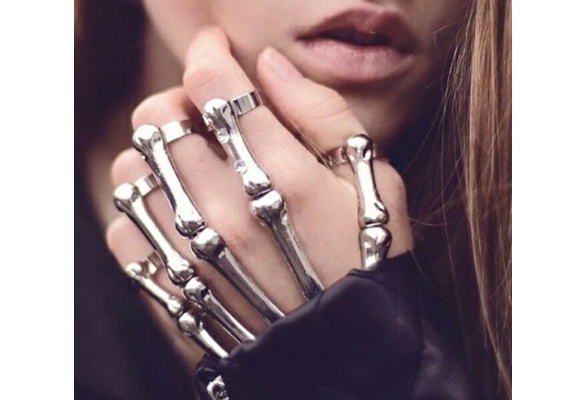 Silver Tone Skeleton Hand Bones Moving Joints 5 Finger Bracelet Ring 