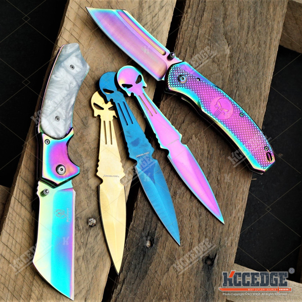 Embossed Rainbow Wolf Knife 8 Best Folding Knife for Hunting,Camping Gift  for Father, Husband, Boyfriend - VuMaker-360