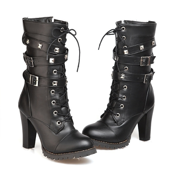 Details about   New Women's Leather Mid Calf Boots Cuban Heels Buckle Lace Up Cowboy Punk Shoes