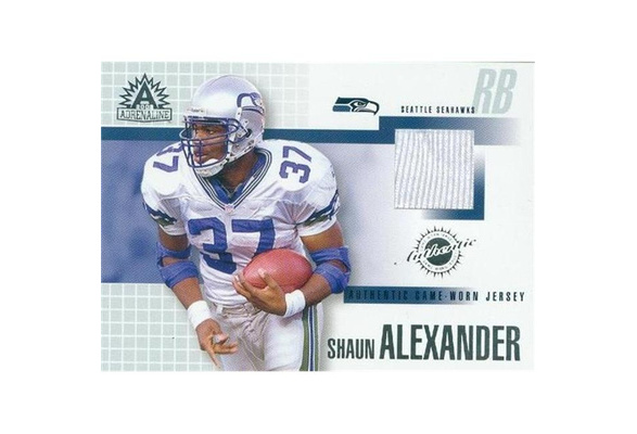 2002 Pacific Authentic Game Worn Jersey Card from Shaun Alexander.