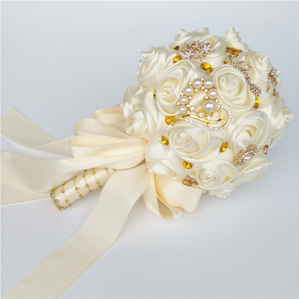 Marfim Satin Roses Foam Ball Wedding Bouquet ramos de novia Gold Crystal  Jewelry Bridal Hand Holding Flowers | Wish