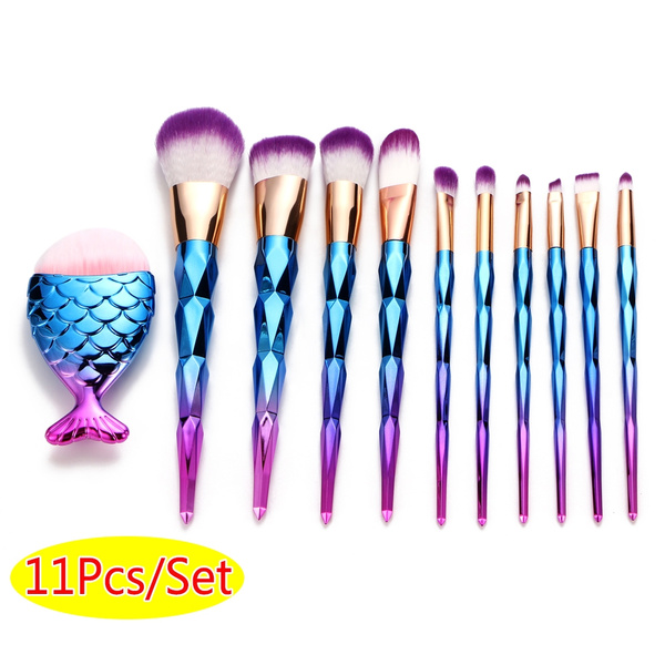 11pcs/set Trendy Unicorn Mermaid Shape Makeup Brush Set Blue Purple Foundation Powder Eyeshadow Professional Cosmetic Brushes Kit Make-up Tool | Wish