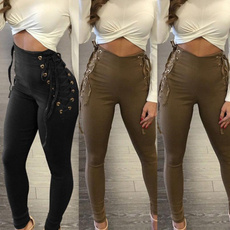 Women High Waisted Lace-up Tie Skinny Stretch Slim Long Pants Trousers
