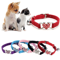 Cute Crystal Elastic Dog Collar Velvet Bell Heart Shape Pet Collars with 5 colors