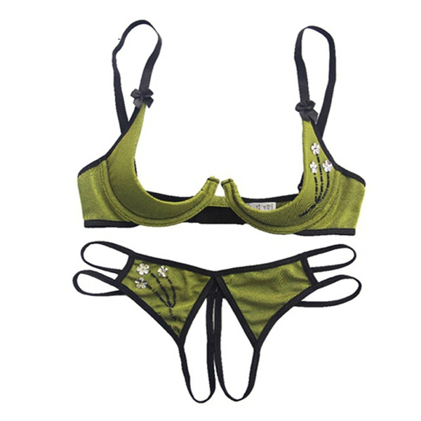 Hot sexy lace open cup bra sets Ladies Sexy Green Embroidered