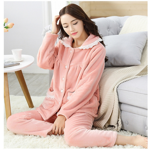 Women Coral Fleece Sleepwear Pajama Sets Lady Winter Warm Women
