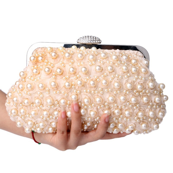 Women Evening Bags Clutch Pearl Lace Handbags Shell Shaped Evening