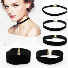 Women Fashion Black Velvet Choker Necklace plain Ribbon Gothic round Burlesque rope chain