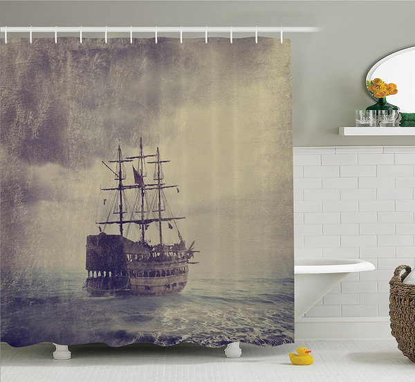 Sailboat Nautical Decor Shower Curtain, Pirate Ship Shower Curtain