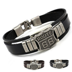 Men''s Metal Alloy and Leather ROUTE 66 Printed Multi-layer Bracelets
