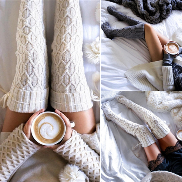Cable Knit Tights School Girl Sweater Thigh High Over Knee Socks