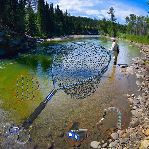 Goture Telescopic Fly Fishing Landing Net Of Alunimum Alloy Frame ,Small  Rubber Mesh Magnetic Clip Lanyard