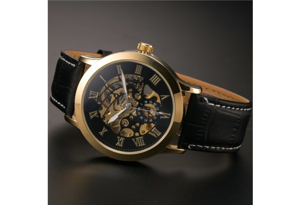 Shenhua 9269 Skeleton Black Gold Engraving Clock Men Leather Strap