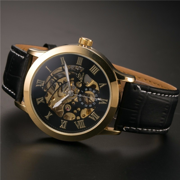 Shenhua 9269 Skeleton Black Gold Engraving Clock Men Leather Strap