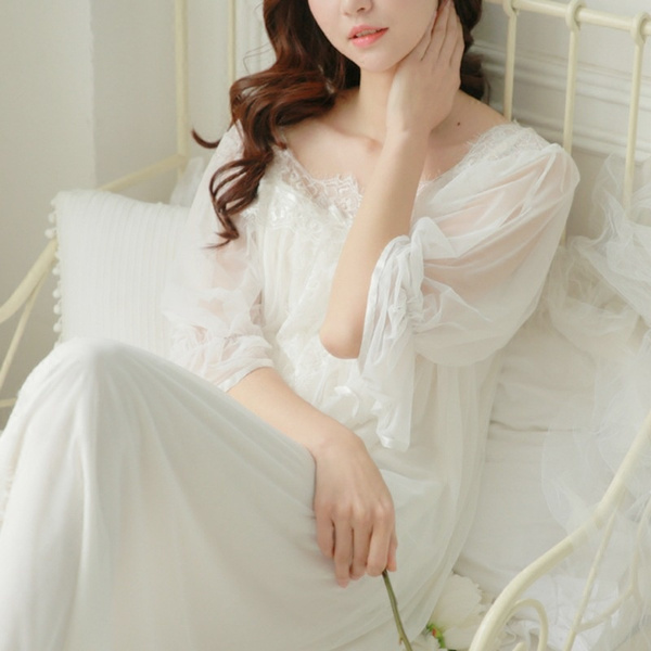 100% Cotton Nightgown Princess Nightdress Royal Pijama Ladies Sleepwear ...