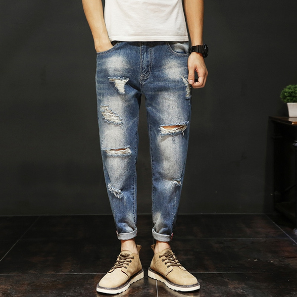 Men s Casual Cotton Pants Washed Ripped Broken Hole Jeans Denim