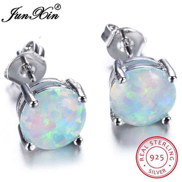 Junxin Cute Silvery Round Cut White/Blue Fire Opal Stud Earrings ...