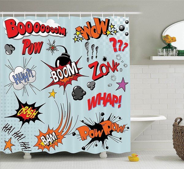 Decor Collection Comic Book Explosion Expression Thoughts Noise In Text Dynamite Cartoon Image Polyester Fabric Bathroom Shower Curtain Set With Hooks Wish Decor Collection Comic Book Explosion, Comic Book Curtains