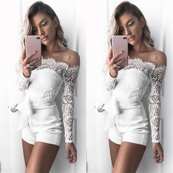 white lace off the shoulder jumpsuit