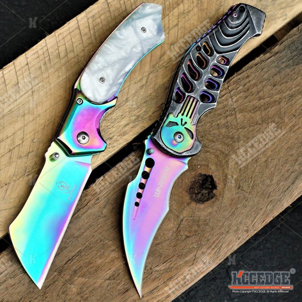 USA SELLER USA STOCK 2PC Rainbow COMBO SET TACTICAL CLEAVER Style Pearlized  Pocket Knife + PUNISHER KARAMBIT Skull & Spine Folding Knife Hunting Gift