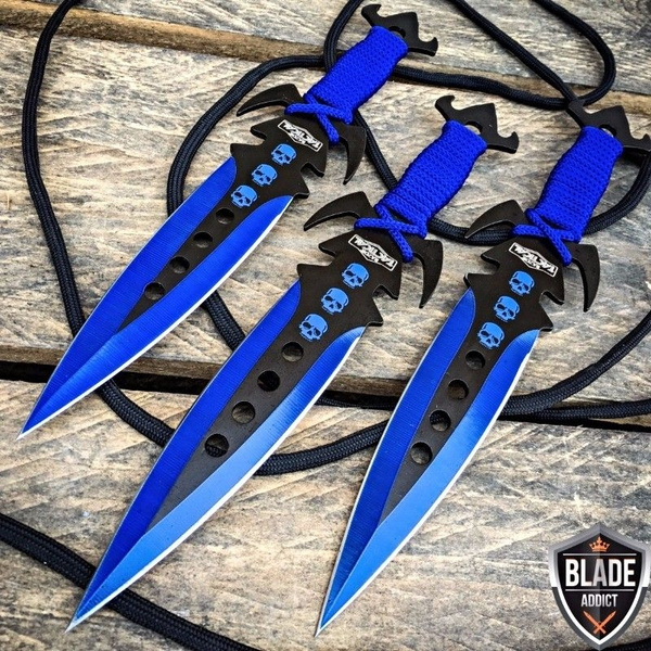 3PC 8 Blue Tactical Ninja Combat Ninjutsu Kunai Throwing Knife