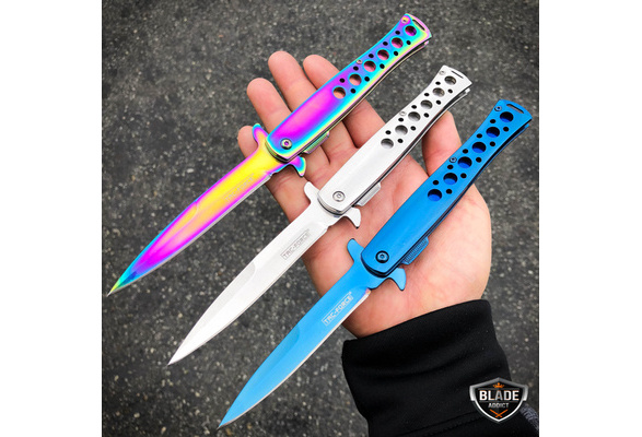 9 TAC-FORCE LARGE RAINBOW STILETTO SPRING ASSISTED FOLDING POCKET KNIFE  Open