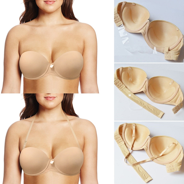 Ladies Strapless Padded Super Boost Push Up Bra Clear Back Strap
