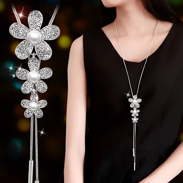 Long Necklaces & Pendants Silver Color Chain Imitated Pearl